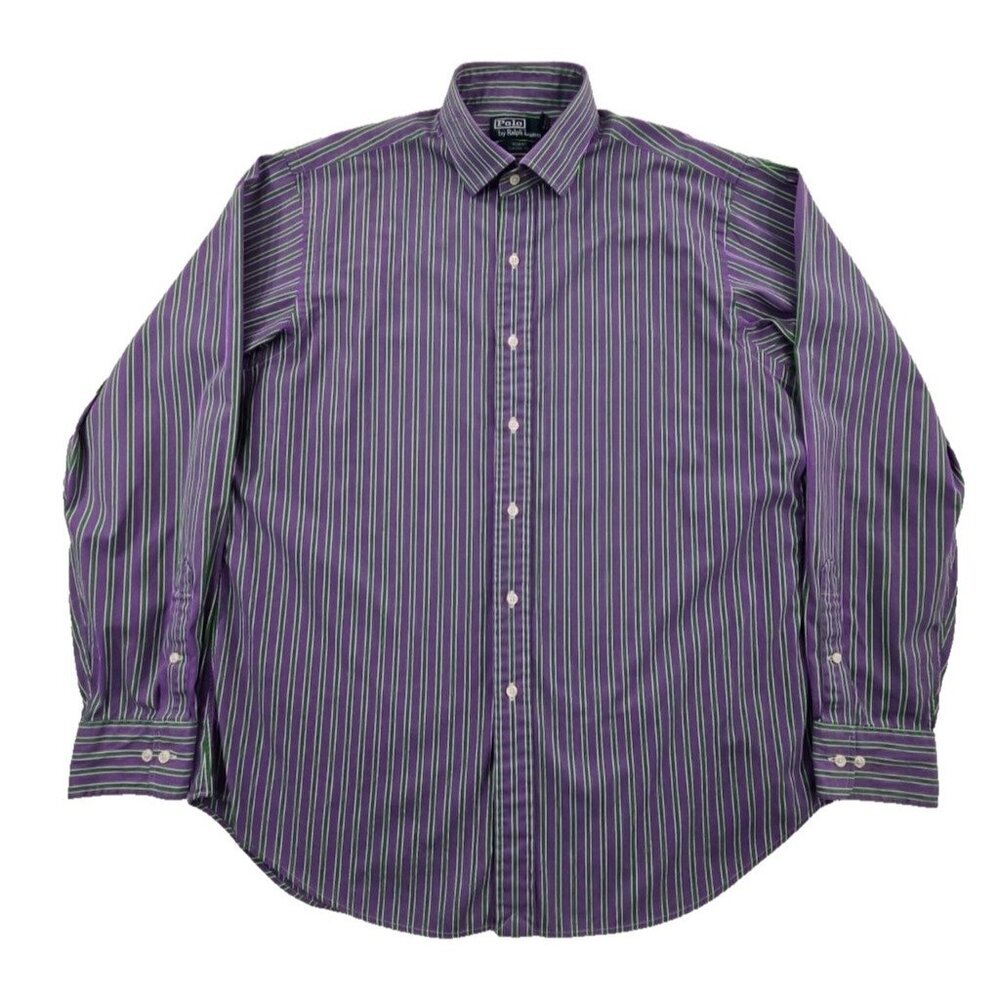 Polo‎ Ralph Lauren Regent Shirt Men's L 16 1/2 Purple Green Stripe Classic EUC